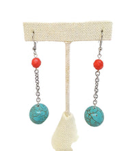 Load image into Gallery viewer, Turquoise Color Ceramic Bead and Orange Czech Glass Bead Earrings