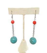 Load image into Gallery viewer, Turquoise Color Ceramic Bead and Orange Czech Glass Bead Earrings