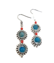 Load image into Gallery viewer, Blue Agate and Silver Tone Bead Frame Earrings