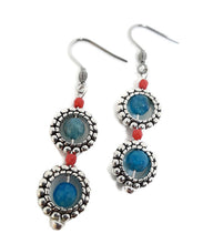 Load image into Gallery viewer, Blue Agate and Silver Tone Bead Frame Earrings