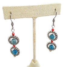 Load image into Gallery viewer, Blue Agate and Silver Tone Bead Frame Earrings