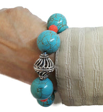 Load image into Gallery viewer, Turquoise Color Ceramic Beads and Orange Czech Glass Bead Stretch Bracelet