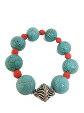 Load image into Gallery viewer, Turquoise Color Ceramic Beads and Orange Czech Glass Bead Stretch Bracelet