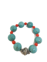 Load image into Gallery viewer, Turquoise Color Ceramic Beads and Orange Czech Glass Bead Stretch Bracelet