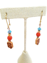 Load image into Gallery viewer, Turquoise and Orange Color Czech Glass Bead and Carved Acrylic Square Bead Earrings