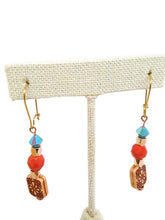 Load image into Gallery viewer, Turquoise and Orange Color Czech Glass Bead and Carved Acrylic Square Bead Earrings