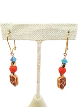 Load image into Gallery viewer, Turquoise and Orange Color Czech Glass Bead and Carved Acrylic Square Bead Earrings