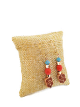 Load image into Gallery viewer, Turquoise and Orange Color Czech Glass Bead and Carved Acrylic Square Bead Earrings