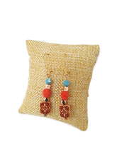 Load image into Gallery viewer, Turquoise and Orange Color Czech Glass Bead and Carved Acrylic Square Bead Earrings