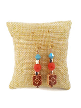 Load image into Gallery viewer, Turquoise and Orange Color Czech Glass Bead and Carved Acrylic Square Bead Earrings