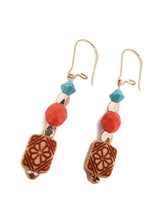Load image into Gallery viewer, Turquoise and Orange Color Czech Glass Bead and Carved Acrylic Square Bead Earrings