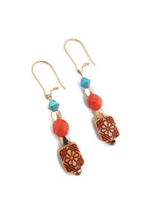 Load image into Gallery viewer, Turquoise and Orange Color Czech Glass Bead and Carved Acrylic Square Bead Earrings