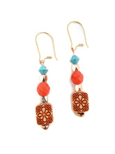 Load image into Gallery viewer, Turquoise and Orange Color Czech Glass Bead and Carved Acrylic Square Bead Earrings