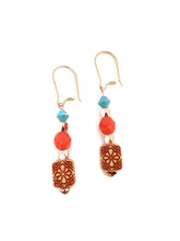 Load image into Gallery viewer, Turquoise and Orange Color Czech Glass Bead and Carved Acrylic Square Bead Earrings