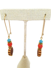 Load image into Gallery viewer, Turquoise Color Czech Glass Bead and Floral Carved Oval Acrylic Bead Earrings