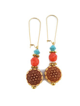 Load image into Gallery viewer, Turquoise Color Czech Glass Bead and Floral Carved Oval Acrylic Bead Earrings