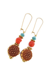 Load image into Gallery viewer, Turquoise Color Czech Glass Bead and Floral Carved Oval Acrylic Bead Earrings