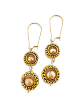 Load image into Gallery viewer, Champagne Color Fresh Water Pearl Dangle Earrings in Gold Tone Bead Frames (2 Tier)