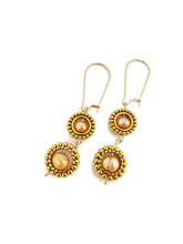 Load image into Gallery viewer, Champagne Color Fresh Water Pearl Dangle Earrings in Gold Tone Bead Frames (2 Tier)