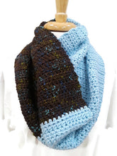 Load image into Gallery viewer, Brown Tweed and Light Blue Cowl with Fingerless Gloves