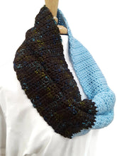Load image into Gallery viewer, Brown Tweed and Light Blue Cowl with Fingerless Gloves