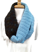 Load image into Gallery viewer, Brown Tweed and Light Blue Cowl with Fingerless Gloves