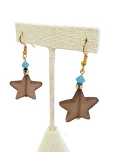 Load image into Gallery viewer, Brown Star Resin Bead Earrings with Light Blue Czech Glass Beads