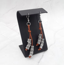 Load image into Gallery viewer, Brown Leather and Silver Tone Cylinder Bead Earrings