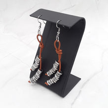 Load image into Gallery viewer, Brown Leather and Silver Tone Cylinder Bead Earrings