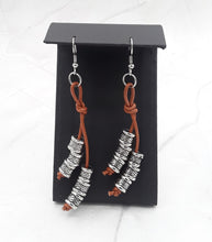 Load image into Gallery viewer, Brown Leather and Silver Tone Cylinder Bead Earrings