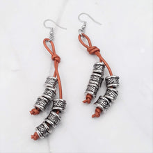 Load image into Gallery viewer, Brown Leather and Silver Tone Cylinder Bead Earrings