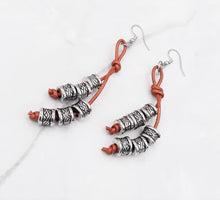 Load image into Gallery viewer, Brown Leather and Silver Tone Cylinder Bead Earrings
