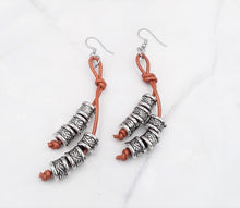 Load image into Gallery viewer, Brown Leather and Silver Tone Cylinder Bead Earrings