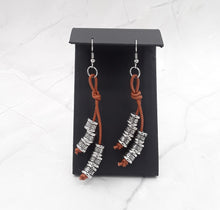 Load image into Gallery viewer, Brown Leather and Silver Tone Cylinder Bead Earrings