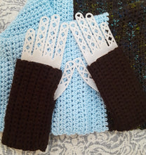 Load image into Gallery viewer, Brown Tweed and Light Blue Cowl with Fingerless Gloves