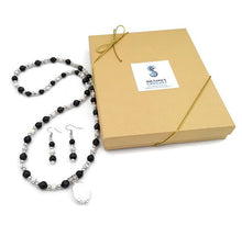 Load image into Gallery viewer, Black &amp; White Ceramic Bead Stretch Necklace with Pearl Pendant and Earring Set
