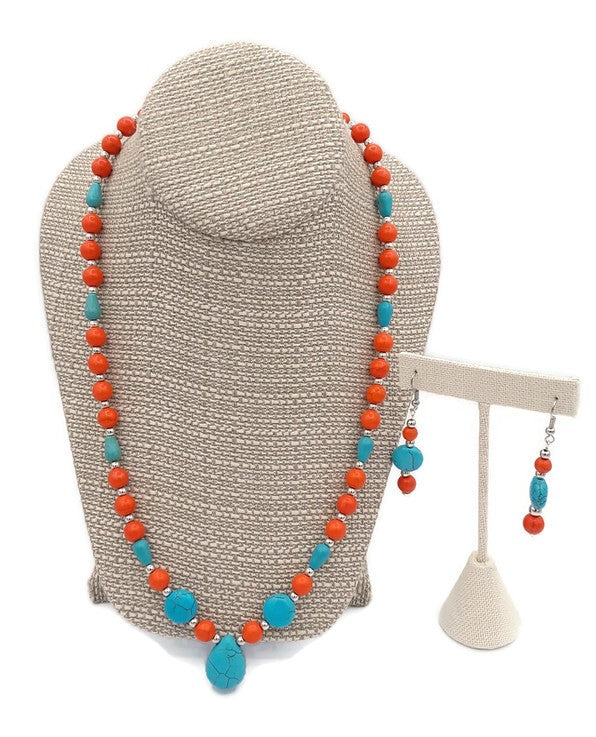 Orange & Turquoise Color Ceramic Bead Necklace and Earring Set