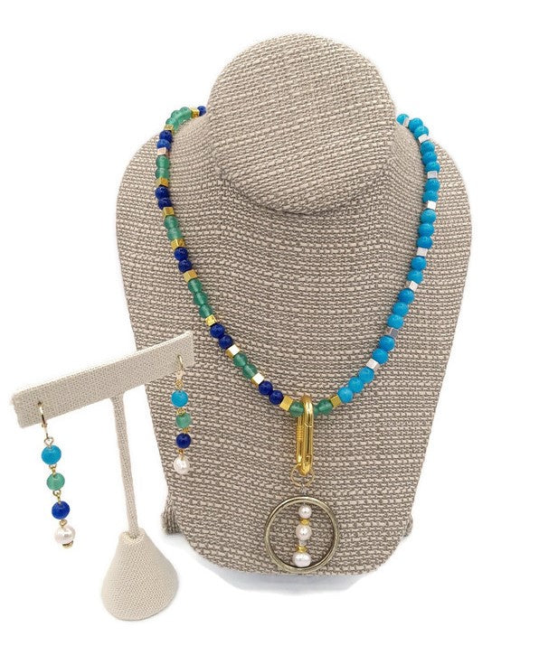 Calcite Bead & Fresh Water Pearl Stretch Necklace and Earring Set