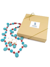 Load image into Gallery viewer, Red &amp; Turquoise Color Ceramic Bead Stretch Necklace and Earring Set

