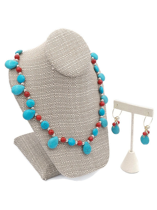 Red & Turquoise Color Ceramic Bead Stretch Necklace and Earring Set