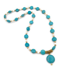 Load image into Gallery viewer, Mother of Pearl &amp; Turquoise Color Ceramic Bead Stretch Necklace and Earring Set
