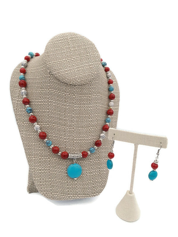 Red, White & Turquoise Color Ceramic Bead Stretch Necklace and Earring Set