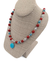 Load image into Gallery viewer, Red, White &amp; Turquoise Color Ceramic Bead Stretch Necklace and Earring Set
