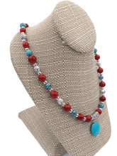 Load image into Gallery viewer, Red, White &amp; Turquoise Color Ceramic Bead Stretch Necklace and Earring Set
