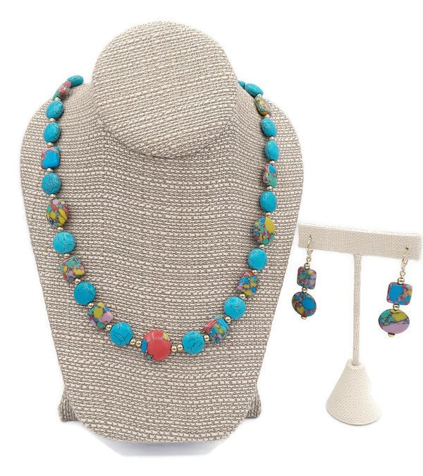 Rainbow Silica Bead & Turquoise Color Ceramic Bead Stretch Necklace and Earring Set