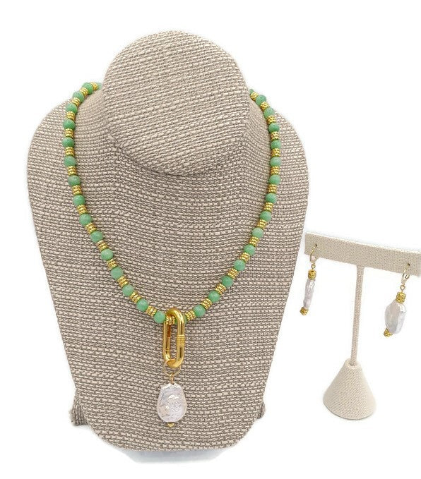 Peridot Color Calcite Bead & Fresh Water Pearl Necklace and Earring Set