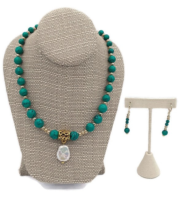 Emerald Green Color Ceramic Bead Stretch Necklace and Earring Set