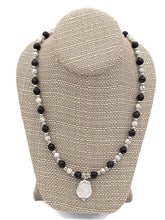 Load image into Gallery viewer, Black &amp; White Ceramic Bead Stretch Necklace with Pearl Pendant and Earring Set
