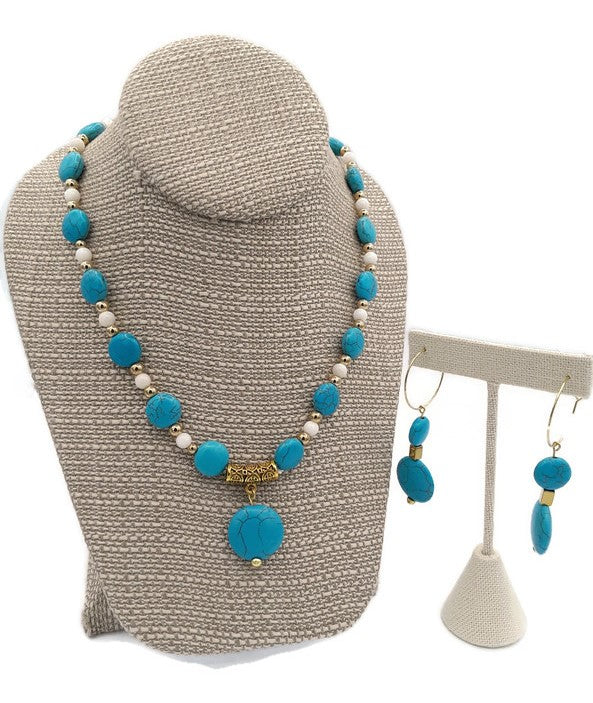 Mother of Pearl & Turquoise Color Ceramic Bead Stretch Necklace and Earring Set