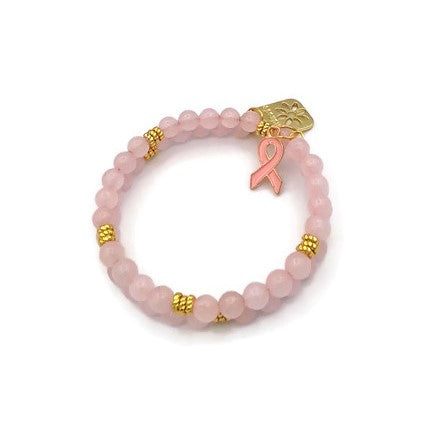 Rose Quartz Memory Wire Wrap Bracelet with Gold Tone Spacer Beads